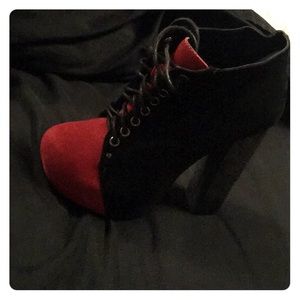 Red and black lace up heels